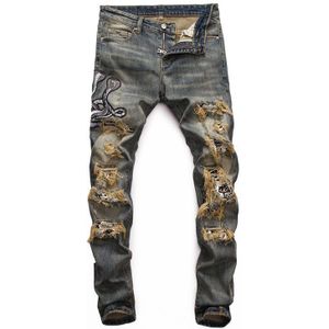 Streetwear Mannen Jeans Retro Geel Slim Fit Vernietigd Ripped Jeans Borduurwerk Hip Hop Jeans Mannen