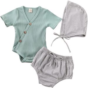 0-24M Baby Baby Jongen Meisje Kleding Sets Katoen Romper Tops + Shorts Hoeden 3Pcs Solid Zomer outfit Set