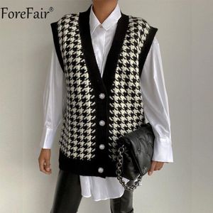 Forefair V-hals Zwarte Mouwloze Houndstooth Knop Knited Vrouwen Vest Vest Trui Casual Losse Oversized Vest Truien