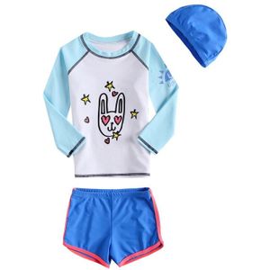 Meisjes Lange Mouwen Badpak UPF 50 + Rashguard 3-10 Jaar Set van 3 stuk Kids Zwempak Badmode Blauw Wit Shirt Shorts Cap