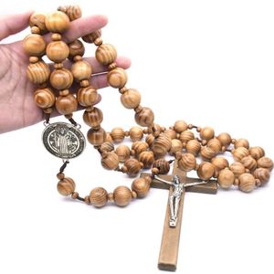 Handgemaakte Ronde Houten Kraal Katholieke Muur Rozenkrans Kruis Religieuze Ketting Christian Sieraden Charm