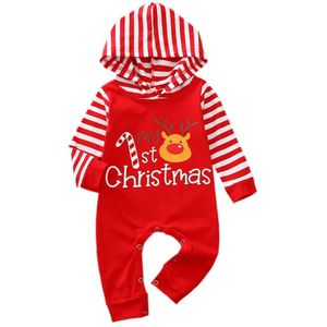 Pasgeboren Jongens Meisjes Kerst Romper, Hooded Hals Streep Lange Mouw Cartoon Lange Romper Overall Kleding 0-12months