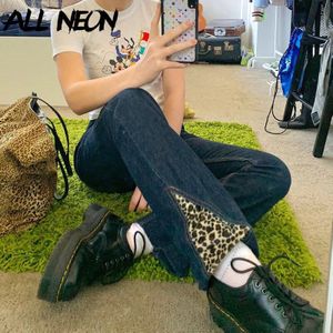 Allneon Egirl Vintage Patchwork Luipaard Afdrukken Slanke Rechte Jeans Y2K Mode Hoge Taille Lange Broek Punk Stijl Demin Broek