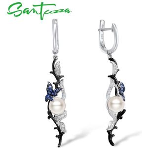 Santuzza Zilveren Oorbellen Voor Vrouwen 925 Sterling Zilveren Dangle Oorbellen Blauwe Vlinder Zoet Water Witte Parel Mode-sieraden