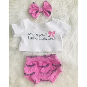 Pasgeboren Peuter Baby Meisjes Kleding Sets Wit Korte Mouw Print T Shirts Tops + Roze Shorts Broek Hoofdband