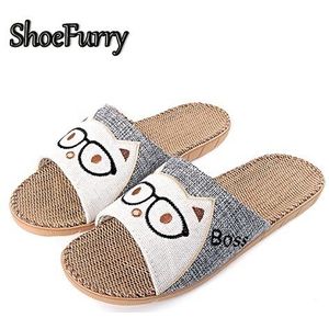 Zomer Vlas Thuis Slippers Mannen Casual Schoenen antislip Indoor Bad Slippers Cartoon Kat Mannelijke Strand Sandalen Linnen slippers Zachte bodem slaapkamer slippers Heren Ademend Zweet Huis Slipper Schoenen Buiten EVA