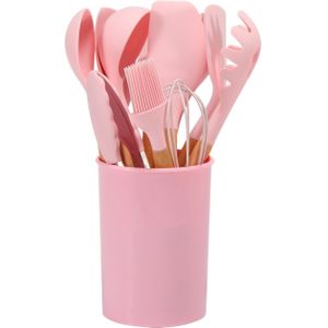 12Pcs Keukengerei Siliconen Kookgerei Set Houten Handvat Schop Non-stick Spatel Slip Gereedschap Set Met Opslag Emmer