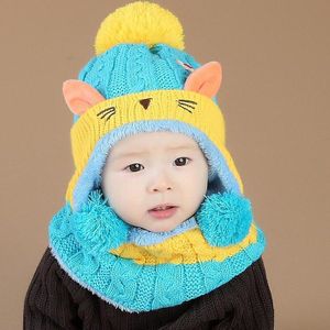 Doitbest 1 tot 4 jaar oud Cartoon kitten fluwelen wol kids jongens Mutsen Gebreide bont hoeden winter 2 stuks baby meisje sjaal hoed set