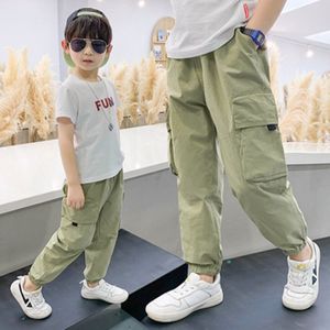 Zomer Cargo Broek Voor Kinderen Jongens Pure Kleur Cool Broek Pocket Losse Katoenen Sport Running Broek Voor Tieners Jongens 5-14 Jaar