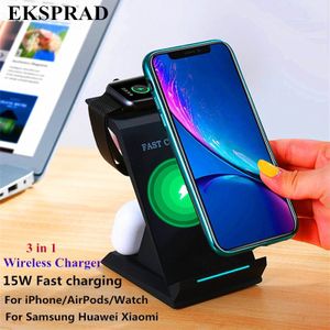 Eksprad 3 In 1 15W Draadloze Oplader Fast Charging Stand Voor Iphone 12 11Pro Apple Horloge Serie 5 4 3 2 Airpods 2/Pro Charge Dock