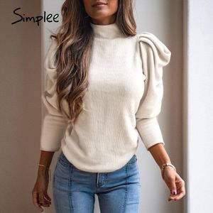 Simplee Effen Vintage Hoge Kraag Gebreide Trui Vrouwen Lange Puff Mouwen Trui Vrouwelijke Elegante Streetwear Warme Jumper Winter