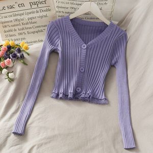 Vrouwen Patched Lace Gebreide Volledige Mouw Truien Shirts Lady V-hals Trui Crop Tops Vrouwelijke Elastische Vest GT9833