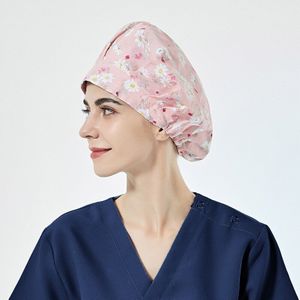 Pet Grooming Agentschap Werk Scrubs Caps Bloemen Printing Schoonheidsspecialiste Scrubs Hoeden Voor Lang Haar Gezondheid Dienst Werk Caps Operator Cap