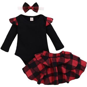 3Pcs Pasgeboren Baby Meisje Kleding Verse Effen Kleur Lange Mouwen Jumpsuit En Plaid Verstoorde Mini Rok met Hoofdband