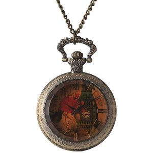 8848Retro Grote Donkerbruin Transparant Glas Quartz Zakhorloge Bell Tower Rose Patroon Flip Zakhorloge Met Ketting