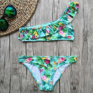 8-16 jaar Meisje Badpak Print Tiener Meisje Bikini Een Schouder Zwemkleding Falbala Tweedelige Kinderen Badmode Meisje badpak