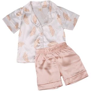 Zomer Kids Baby Jongens Meisjes Zijden Pyjama Nachtkleding Feather Print Shirt + Broek Nachtkleding Outfits