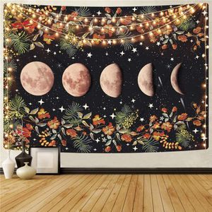 Moonlit Tuin Tapestry, Maanfase Wandtapijten Bloem Wijnstok Tapestry Zwarte Achtergrond Bloemen Tapijt Muur Opknoping Voor Kamer