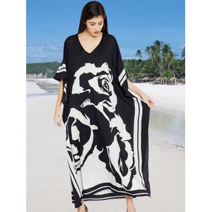 Fitshinling Print Bloemen Lange Jurk Beach Wear Oversized Batwing Mouwen Losse Cover-Up Boho V-hals Pareos Vrouwen