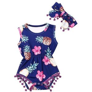Baby Zomer Kleding Pasgeboren Baby Meisje Jongen Kwastje Bodysuits Hoofdband Ananas Outfit Mouwloze Bloemen 2Pc Jumpsuit