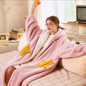 Winter Zachte Homewear Badjas Gown Leuke Lange Coral Fleece Kimono Robe Vrouwen Casual Hooded Nachtkleding Flanellen Nachtjapon