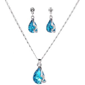 Fijne Sieraden Oostenrijk Crystal Gemstone Blue Hanger, vrouwen Bruiloft Sieraden Set 925 Sterling Zilveren Ketting Oorbellen Set S
