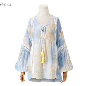 Artka Lente Vrouwen Blouse Vintage Indie Folk Print Blouse Lantaarn Mouw V-hals Kwastje Hollow Out Shirt SA20703C