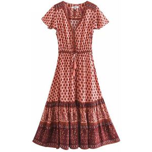 Everkaki Boho Lange Jurk Vrouwen Bloemenprint Kwasten Sjerpen Elastische Taille Vestidos Vintage Dames Maxi Jurken Vrouwelijke