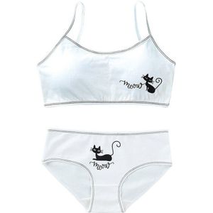 Tiener Meisjes Leuke Kat Print Ondergoed Set Cami Training Beha En Bijpassende Hipster Slipje Verwijderbare Padding Gestreepte Crop Bralette