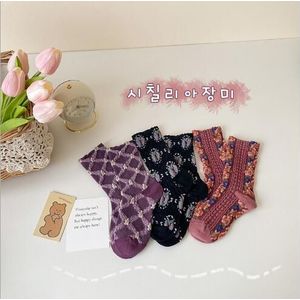 3Pairs Pack 1-8 Jaar Herfst Gestreepte Bloem Babysokjes Gekamd Katoenen Sokken Voor Jongens En Meisjes