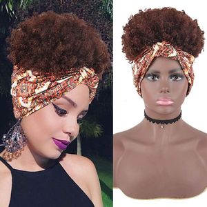 Deyngs Tulband Wrap-Pruik 2 In 1 Afro Bladerdeeg Haarband Bun Korte Kinky Krullend Trekkoord Synthetische Pruik Headwrap Pruik afro-amerikaanse