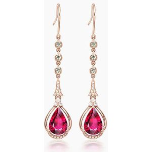 Luxe Ruby Edelstenen Rode Kristal Zirkoon Diamanten Lange Dangle Oorbellen Voor Vrouwen Rose Gold Tone Sieraden Bijoux Party