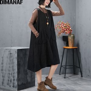 DIMANAF Plus Size Vrouwen Jurk Vinatge Corduroy Vrouwelijke Lady Vestidos Mouwloze Casual Losse A-lijn Solid Pockets Jurk Lente