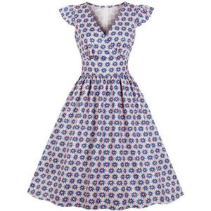 Tonval Blue Print Hoge Taille V-hals Pinup Jurk Fit en Flare Cap Mouw Zomer Jurk Vrouwen Vintage Geplooide Midi jurken