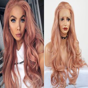 Bombshell Mix Roze Gelaagde Natuurlijke Golf Synthetische 13*4 Inch Lace Front Pruik Hittebestendige Vezel Haar Middelste Deel voor Vrouwen Pruiken