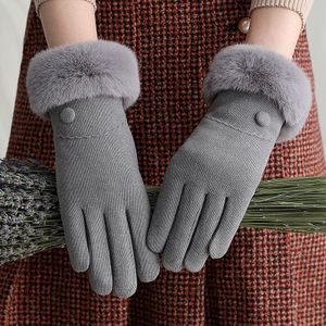 Winter Handschoenen Vrouwen Fluwelen Binnenkant Faux Fur Handschoenen Effen Touch Screen Volledige Vinger Plus Bind Warm Mittens Outdoor Harige