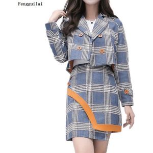 Japanse Lente Herfst Office Dames Rok Set Vrouwen Korte Plaid Lange Mouwen Blazers Tops En Slanke Onregelmatige Rokken Pakken