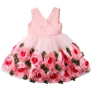Roze Bloemen Pasgeboren Kids Baby Meisje Prinses Partij Strik Mode Zoete Zomer Pageant Jurk Kleding