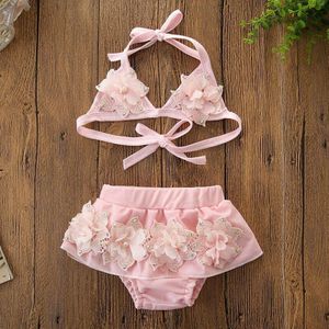 Zomer Baby Meisjes Badmode Roze Kant Tule Bloemen Bikini Set Halter Bodycon Badpak Badmode 2-6 Jaar