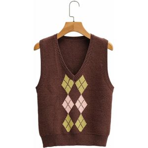 Preppy Stijl Geometrische Plaid Gebreide Vest Trui Vrouwen Herfst Winter V-hals Mouwloze Trui Vrouwelijke Jumper Tops