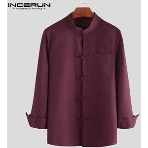 Incerun Chinese Stijl Mannen Shirt Stand Kraag Knop Vintage Elegante Casual Shirts Mannen Lange Mouwen Effen Camisa Streetwear S-5XL