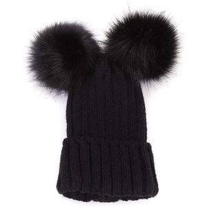 Winter fur pompom knitted hat cap Women autumn white skullies beanies Casual streetwear warm female black cap