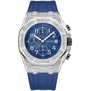 Alle Werk Wijzerplaat Mannen Diamond Horloge Rvs Iced Out Horloges Quartz Blue Rubber Strap Chronograph Horloge