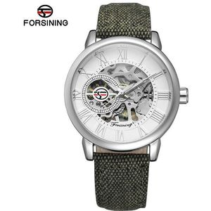 Forsining Mannen Horloge Skeleton Mechanische Hand Wind Canvas Strap Stijlvolle Romeinse Cijfers Vogue Horloge Heren Horloges