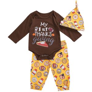 Pasgeboren Baby Meisjes Thanksgiving 3 Stuks Kleding Set Lange Mouw Turkije Tops Donuts Broek Hoofdband Lente Herfst Kleding