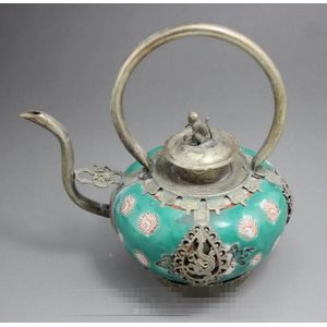 Koperen Standbeeld Antieke Handwerk Prachtige Keramische Tas Zilveren Theepot Prachtige Patroon Draagbare Pot Water Pot Ornamen