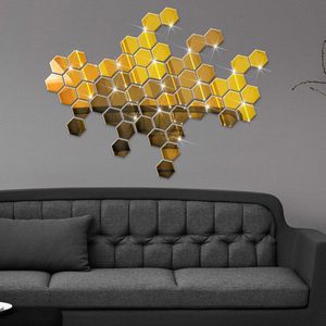 12Pcs 3D Spiegel Hexagon Vinyl Verwijderbare Muursticker Sticker Home Decor Art Diy Home Decor Woonkamer Gespiegeld Sticker goud