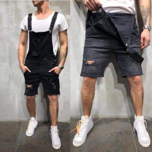 Black Ripped Jeans Jumpsuit Mens Slim Fit Verontruste Denim Bib Overalls Hombre Casual Skinny Knielengte Shorts Jumpsuit
