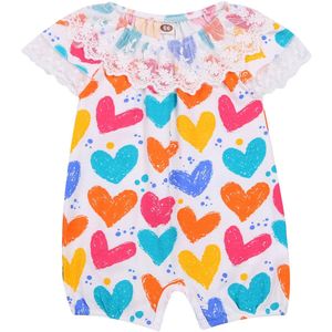 Baby Meisje Zoete Mooie Kleurrijke Hart Print Casual Jumpsuit, ronde Hals Korte Mouw Kant Losse Een Stuk Zomer Rompertjes