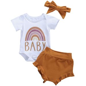 Baby Zomer Kleding 0-18M Pasgeboren Baby Meisje 2 Stuks Set Regenboog Gedrukt Romper Top Solid Pp shorts Hoofdband Mode Sunsuit
